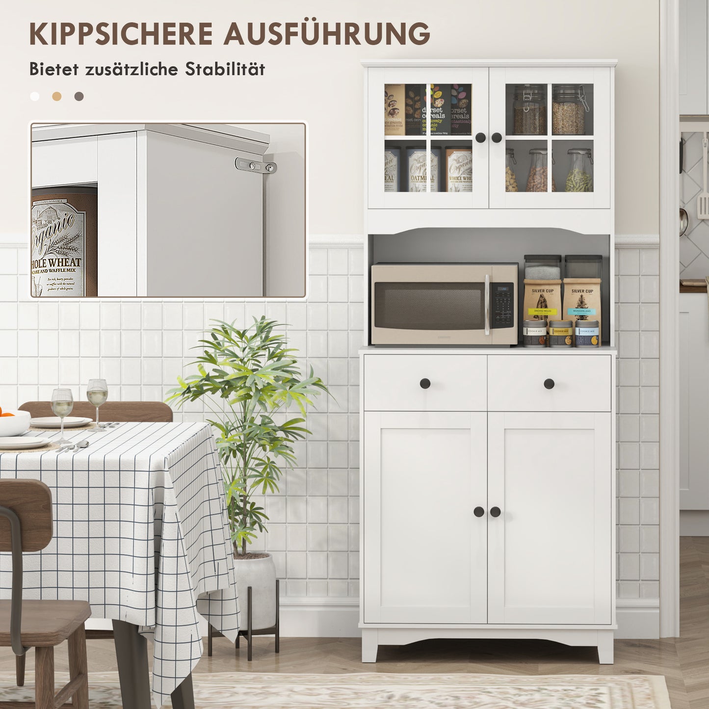 Keukenkast – Keukenrek – Opbergkast – Magnetronkast – Buffetkast – Vrijstaand – Wit – Met Werkblad – Glazen Deuren