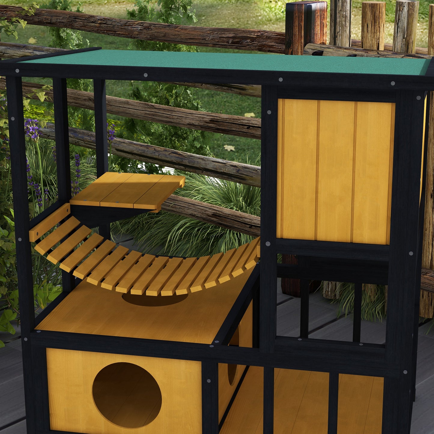 Kattenhuis – Kattenhok – Kattenverblijf – Kattenhut – Buitenhuis – Weerbestendig Hout – Speelplatform & Loopbrug – Groen + Nature – 84,5 x 60 x 88 cm