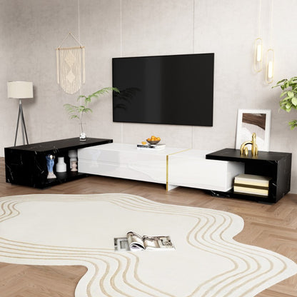 Moderne TV Meubel – TV Kast – TV Dressoir – Mediameubel – TV Schap – Verstelbare Lengte 140-260 cm – Zwart Marmer Look Met Gouden Accenten