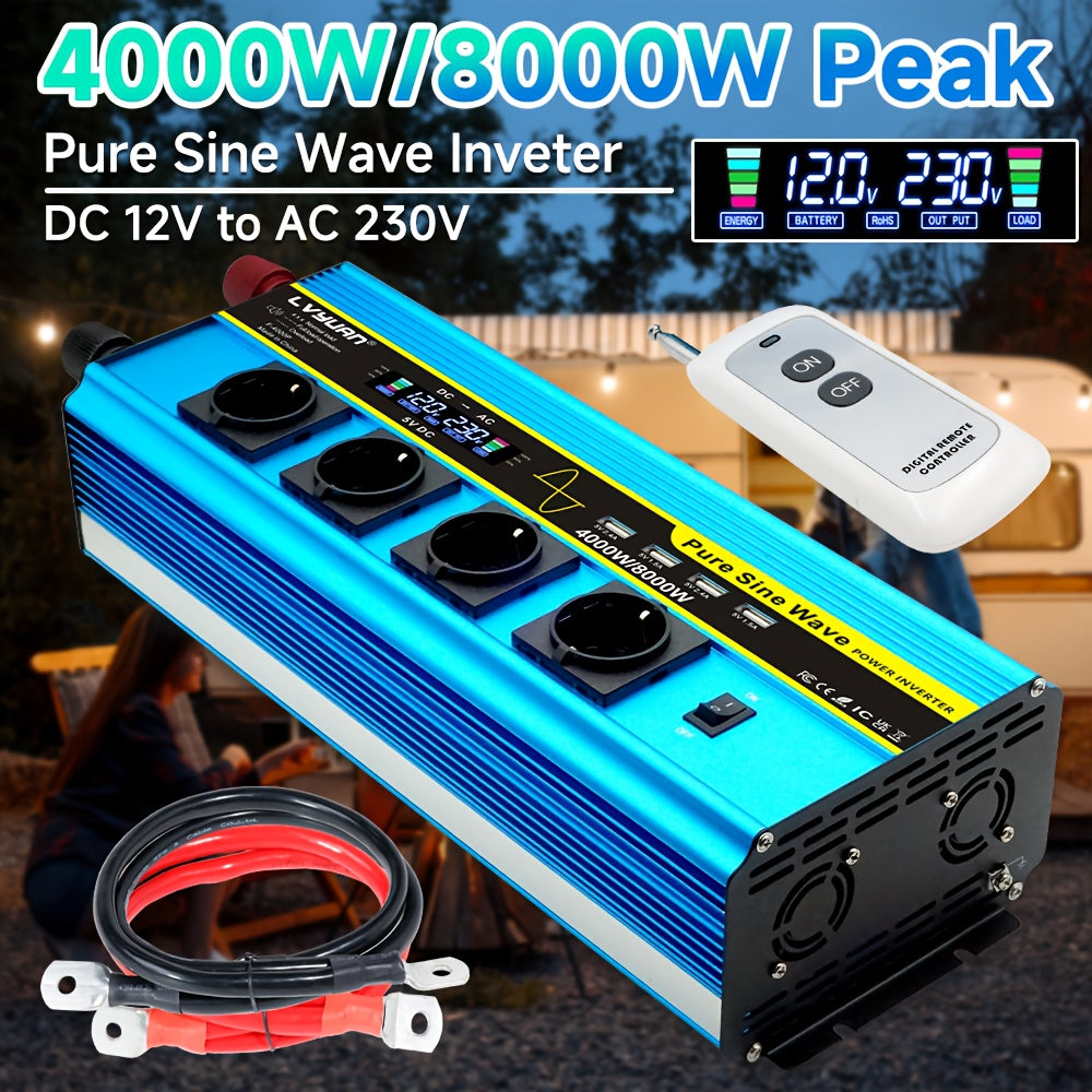 Zuivere Sinusomvormer – Power Inverter – Spanningsomzetter – Stroomomvormer – Omvormer 24V 8000W Pieken – LCD Display – Afstandsbediening – 4 AC Stopcontacten – 4 USB Poorten