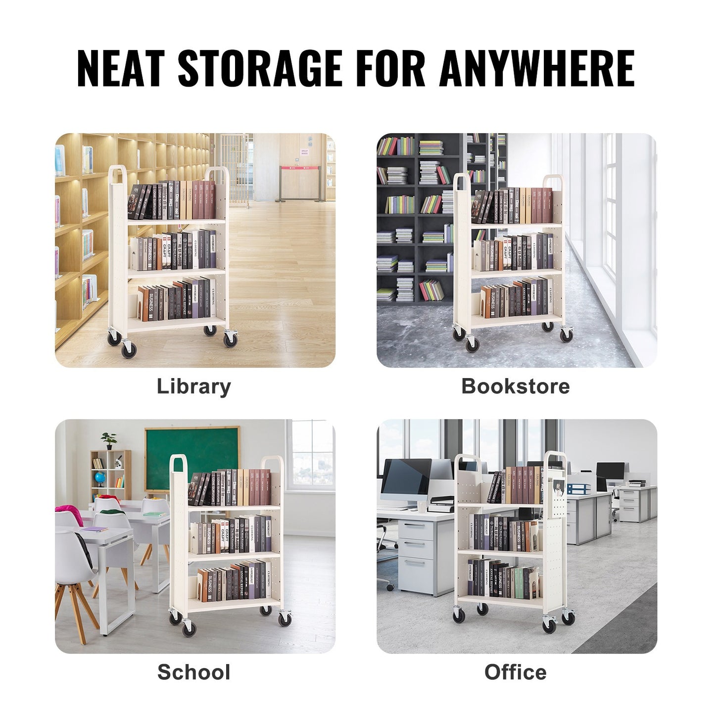 Boekwagen – Boekenwagen – Transportwagen – Bibliotheekwagen – Karretje – Stevige Koolstofstaal Constructie – 150 kg Draagkracht Met 360° Zwenkwielen en Remfunctie