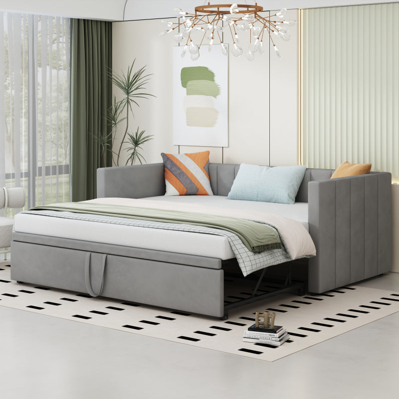 Uitschuifbare Gestoffeerde Slaapbank – Slaapbank – Divanbed – Bankbed – Logeerbed – Lichtgrijs – 90x200 tot 180x200 cm – Lattenbodem geïntegreerd