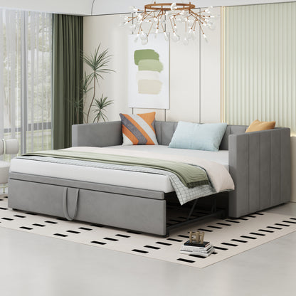 Uitschuifbare Gestoffeerde Slaapbank – Slaapbank – Divanbed – Bankbed – Logeerbed – Lichtgrijs – 90x200 tot 180x200 cm – Lattenbodem geïntegreerd