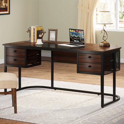 Bureau – Werkplek – Computertafel – Bureautafel – Schrijftafel – Extra Groot – Met 4 Lades – Engineered Houten Tafelblad – Robuuste Metalen Poot – Donker Walnoot
