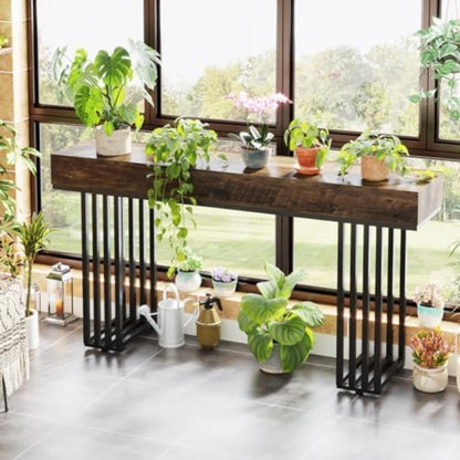 Narrow Console Table – Smalle Sidetable – Haltafel – Wandtafel – Entreetafel – Industrieel Metaal Frame – Houten Vintage Blad 140 cm Bruin