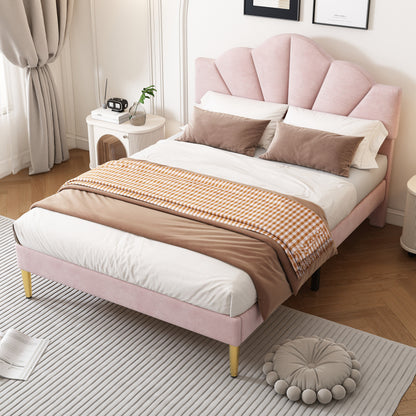 Gestoffeerd Tweepersoonsbed – Bed – Slaapbed – Platformbed – Velvet Bed – Roze Velvet Bekleding – Verstelbaar Hoofdeinde – Gouden Metalen Pootjes