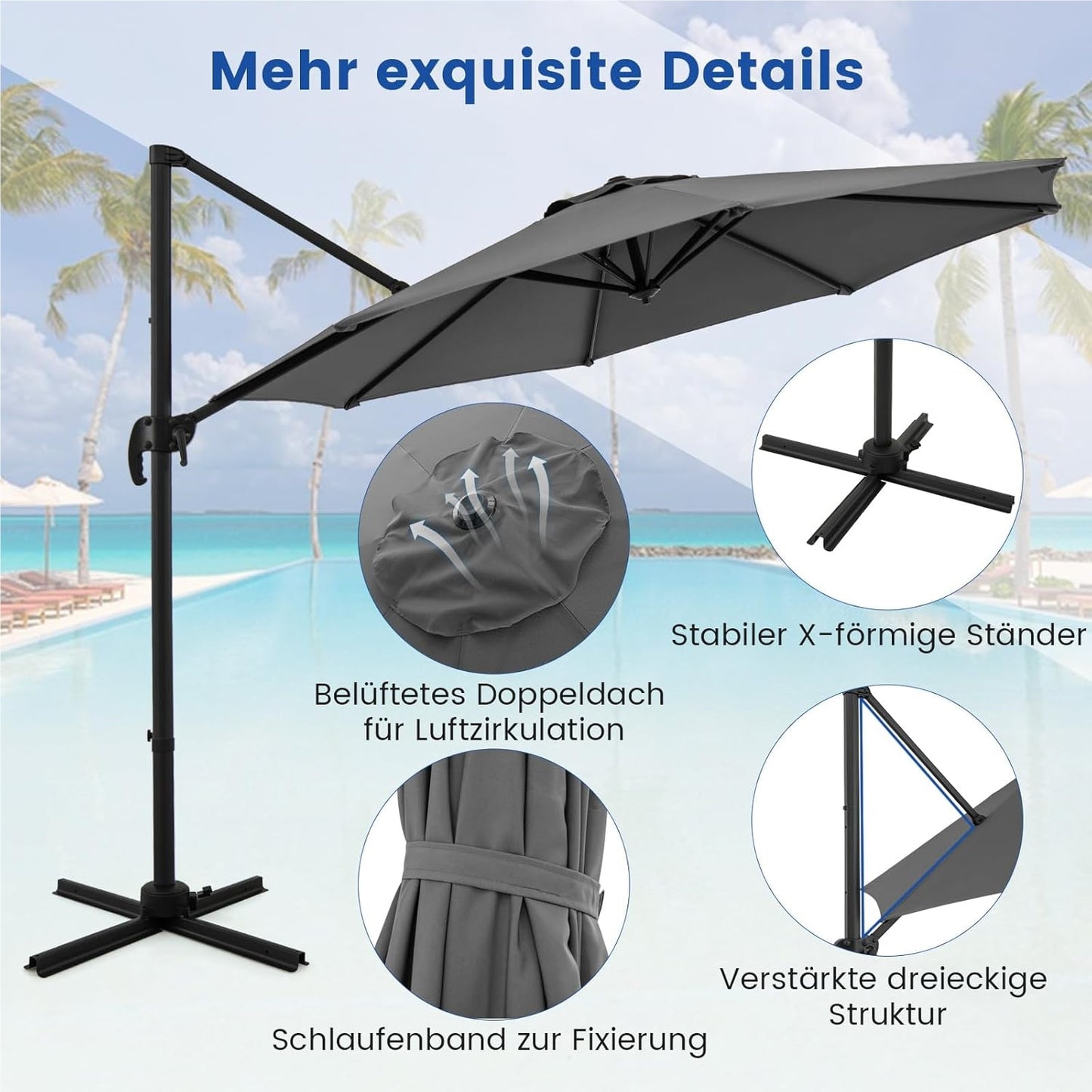Parasol – Zweefparasol – Tuinparasol – Terrasparasol – Marktparasol – 300x300 cm – Verstelbaar Met 360° Rotatie