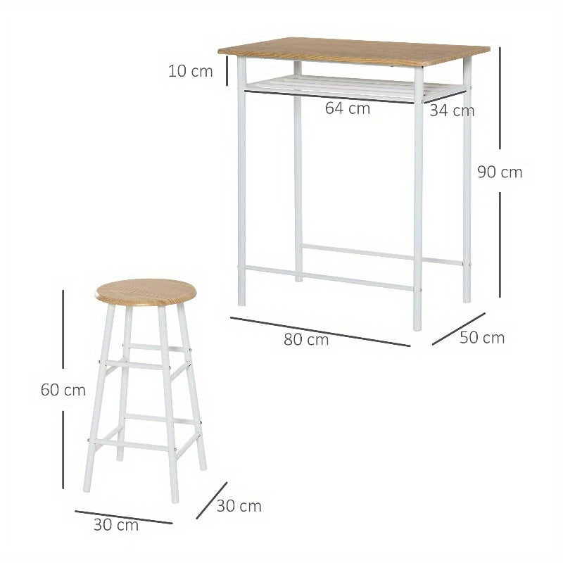 Eetkamertafel Set – Barset – Keukentafel – Ontbijttafel – Bistroset – Metaal Met Wit En Natuurlijk Eiken – Inclusief Opbergrek – Ruimtebesparend Design