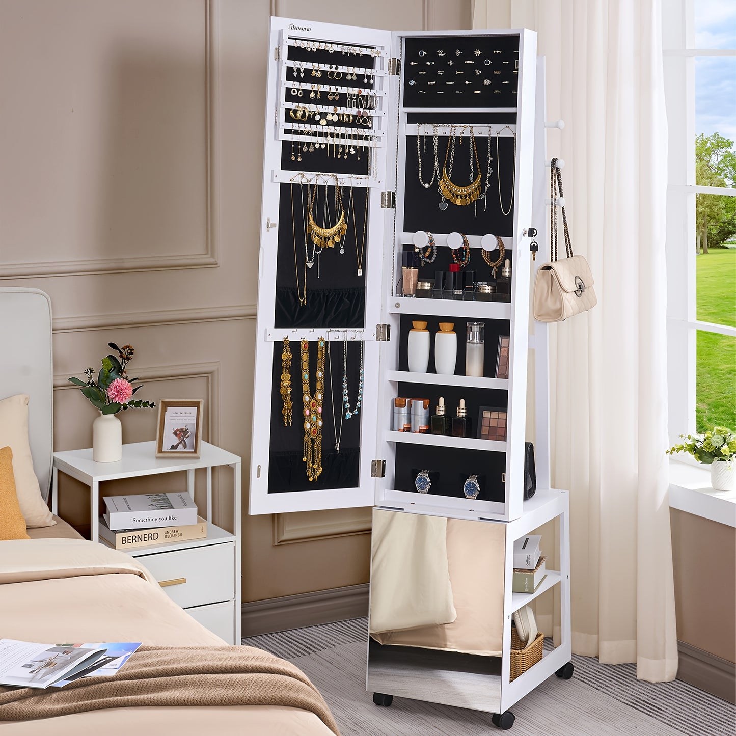 Sieradencabinet – Sieradendoos – Juwelendoos – Sieradenkast – Sieradenopberger – Volledige Spiegel 169 cm – Verplaatsbaar Met Wieltjes En Slot