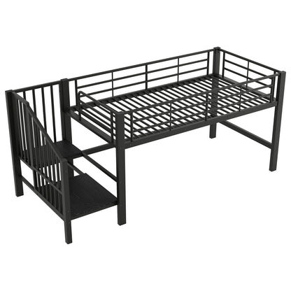 Hoogslaper – Bedframe – Mid-hoogslaper – Stapelbed – Kinderbed – 90x200 cm – Zwarte Opbergladder – Ruimtebesparend Design