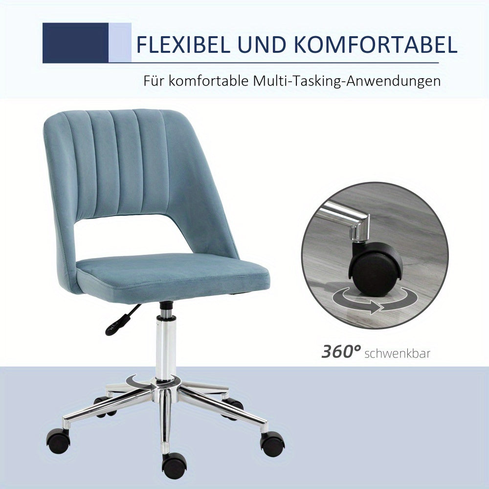 Ergonomic Height-Adjustable Swivel Office Chair - Blue Velvet Upholstery, Metal Frame, 360° Swivel & 5-Wheel Rolling Base, No Power Needed for Home Office & Living Room Comfort, Office Chair Cushion, Versatile Seating Soluti
