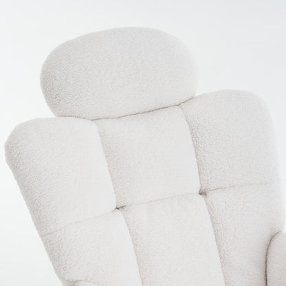Draaifauteuil – Fauteuil – Relaxstoel – Schommelstoel – Lounge Chair – Wit – Zachte Teddy Bekleding – Massief Houten Frame
