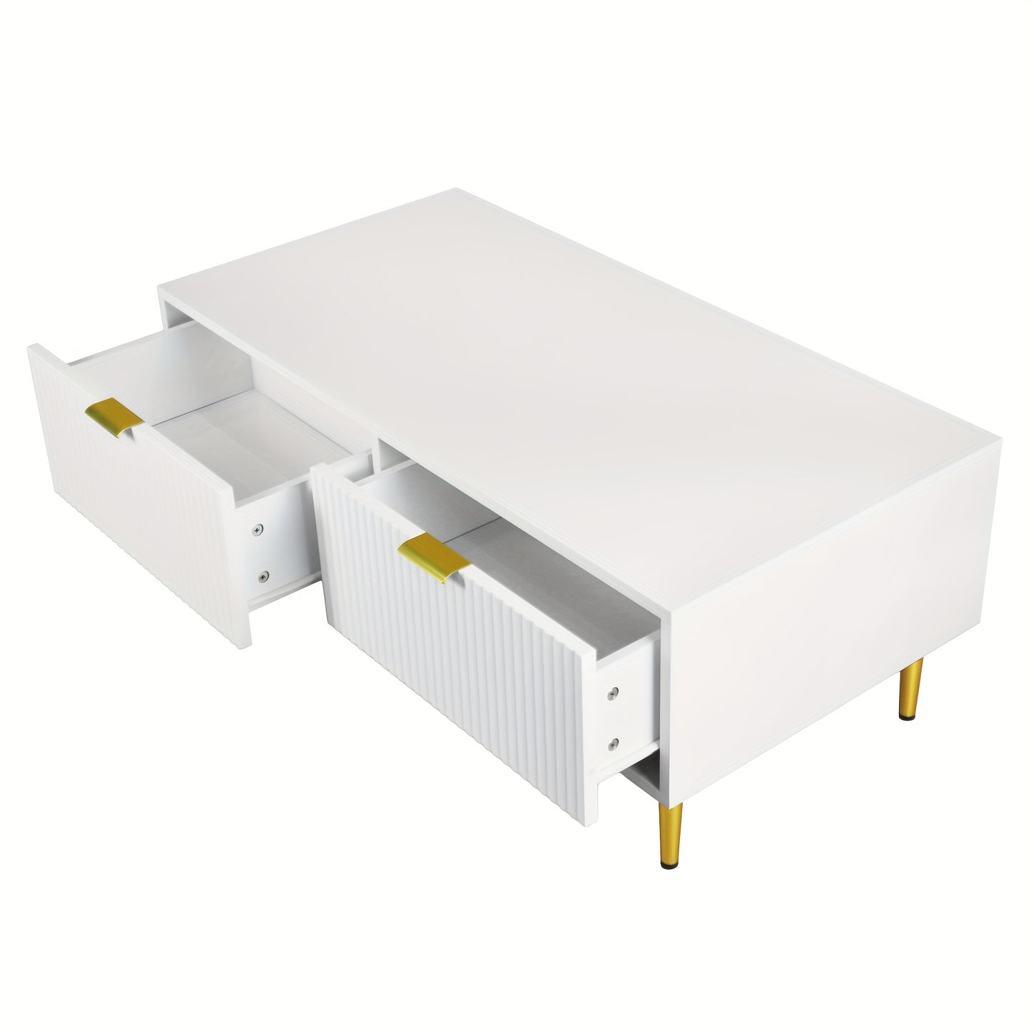 Modern White Metal Coffee Table with Golden Accents, 2 Drawers & Vertical Stripe Design - 100x50x40cm Contemporary Sofa Cabinet for Living Room, No Assembly Required, Coffee Table for Living Room, Decorative Accents, Sleek Fi