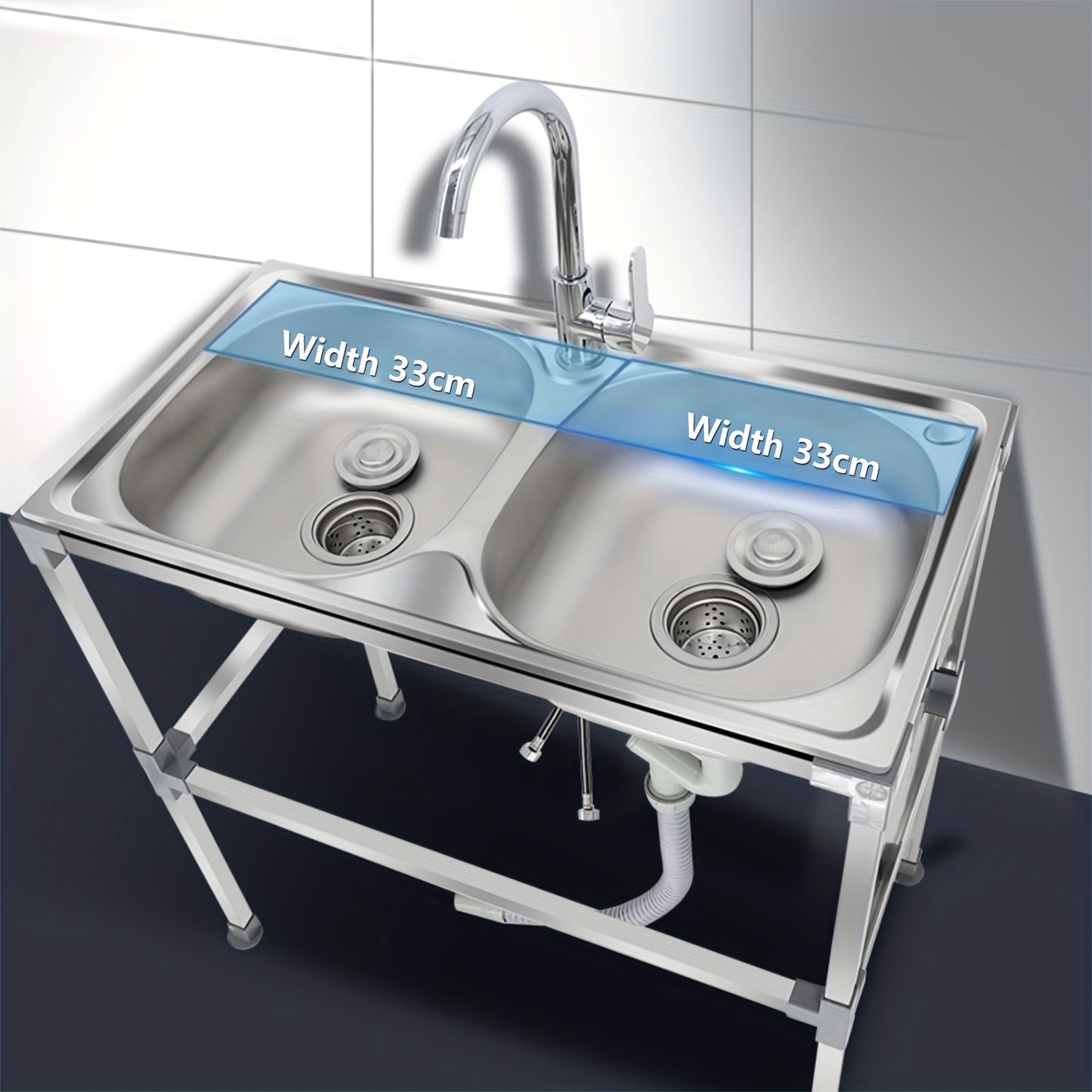 Double Bowl Kitchen Sink, Freestanding Sink with Hot And Cold Water Faucet, Portable Sink with Drain Kit Suitable for Camping, Balcony, Garage