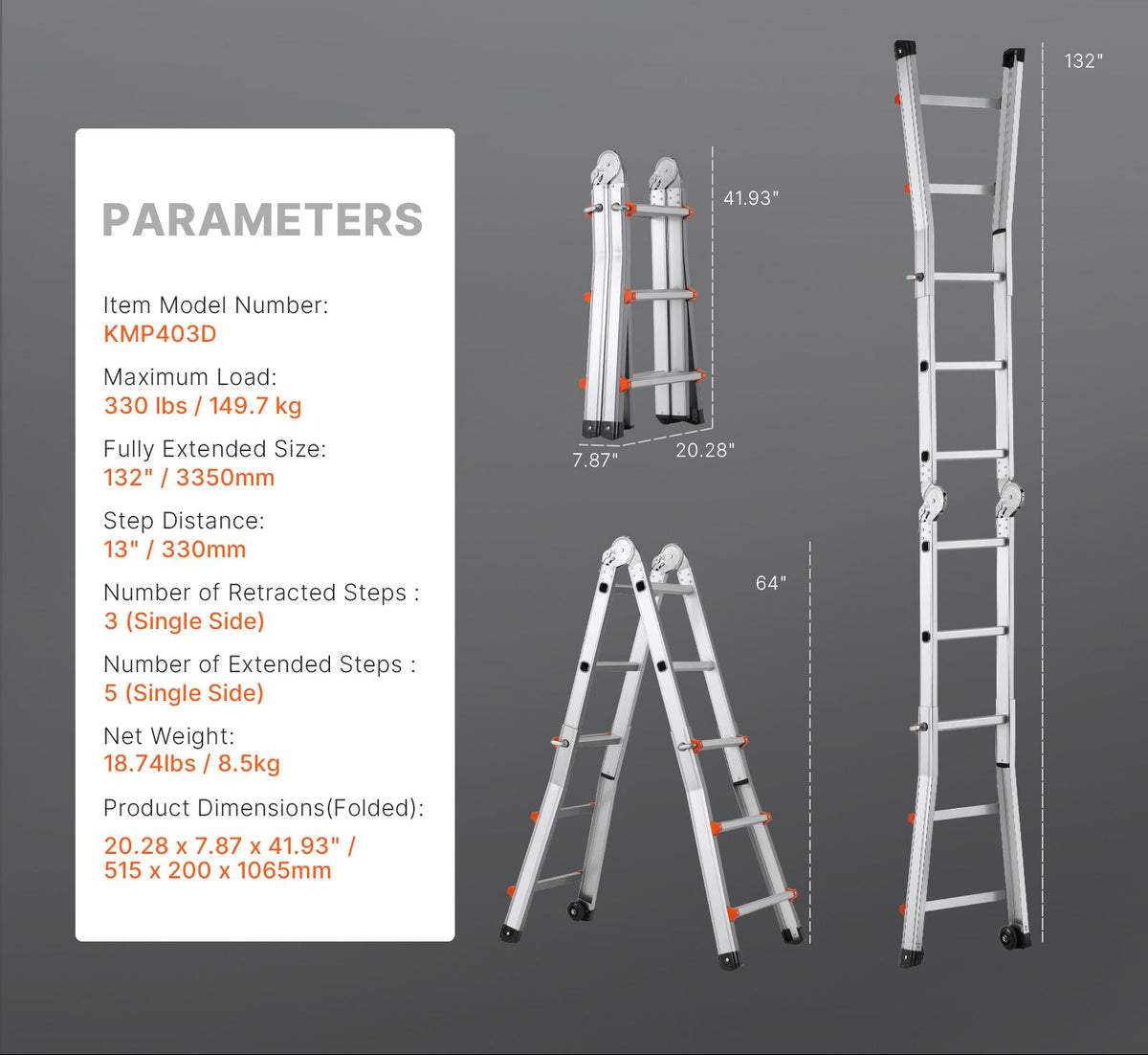 Telescopische A-Frame Ladder – Uittrekbare Ladder – Vouwladder – Multi-inzetbare Ladder – Compacte Klimladder – Aluminium – 288 cm Hoogte – Draagkracht 150 kg
