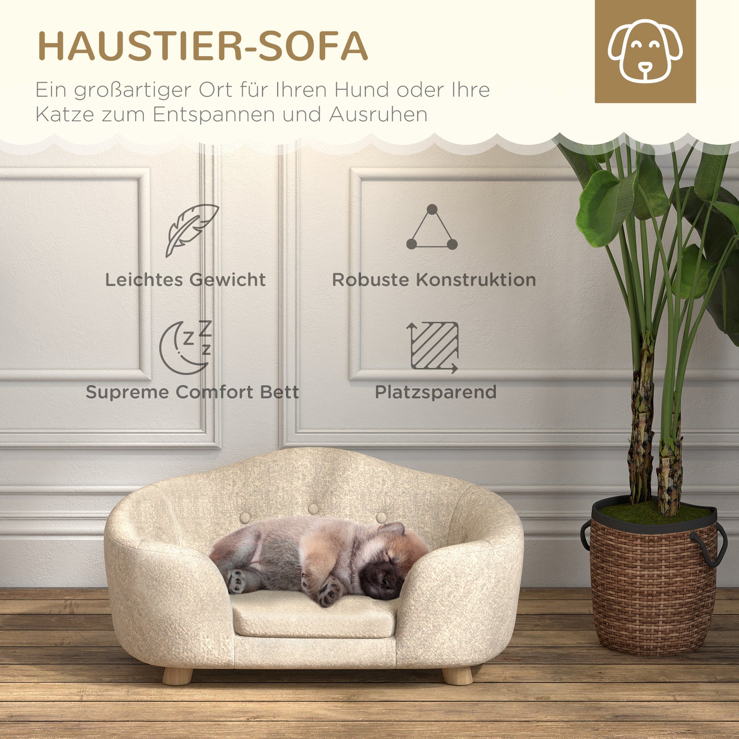 Dierenbank – Huisdierenbank – Hondensofa – Kattenbed – Dierenbed – Crème Wit – Zachte Pluche Kussenlaag – Stevig Massief Dennenhouten Frame