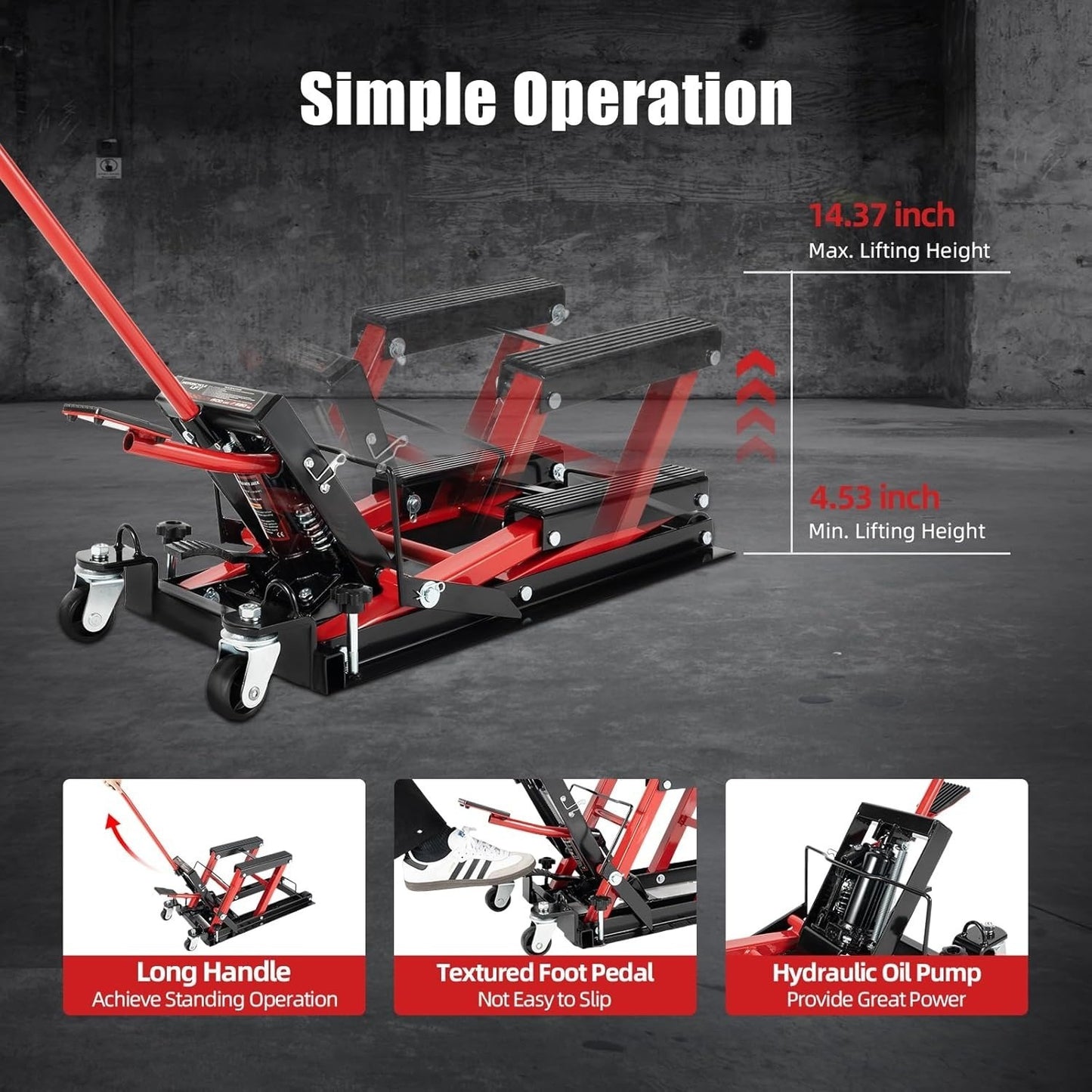 Motorfietsbrugwagen – Motorlift – Hydraulische Motorlift – Motorhefbrug – Motor Tilplatform – Hoog Draagvermogen 680 kg – 3 Veiligheidspennen & 4 Wielen