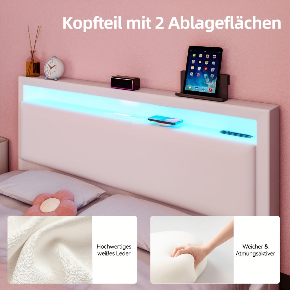 Zwevend Bedframe – Modern Bedframe – Platformbed – Led Bed – Gestoffeerd Bed – Queen Size – Usb Led Verlichting – PU Hoofdsteun