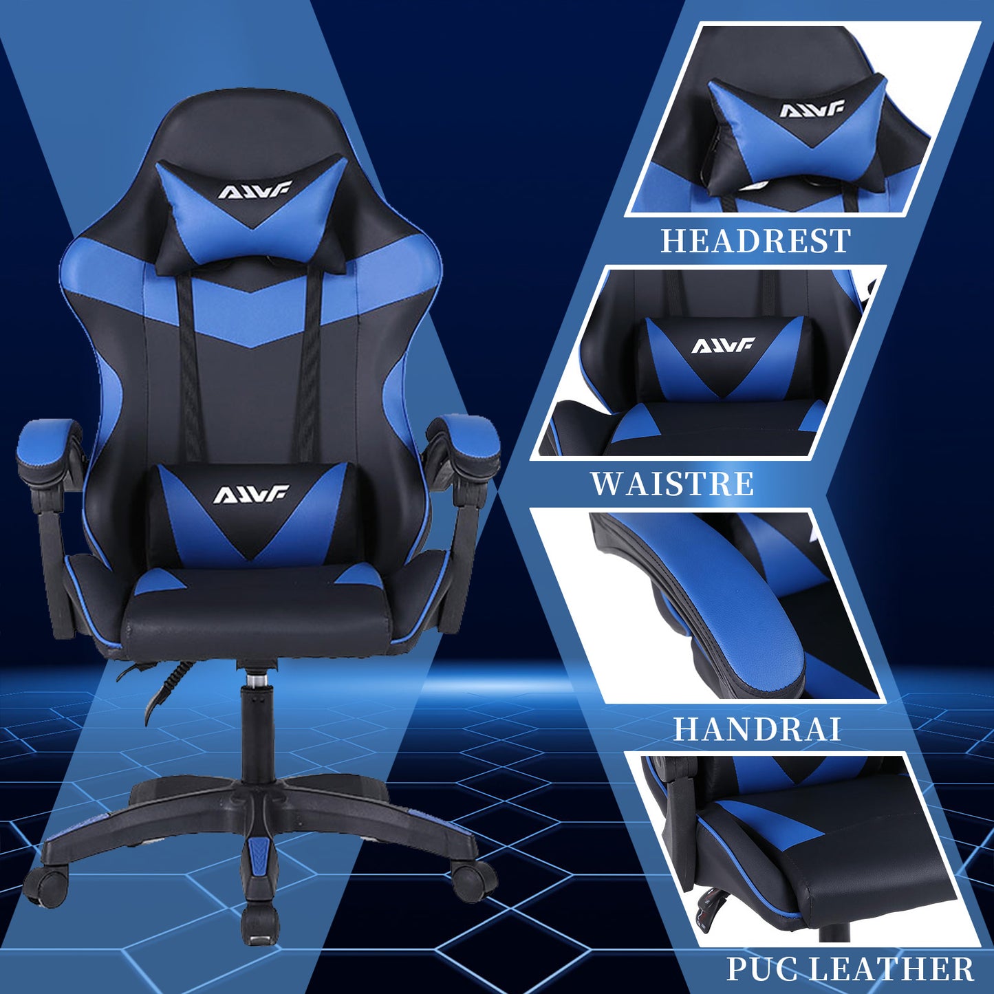 Gamingstoel – Gamestoel – Bureaustoel – Gaming Chair – Game Stoel – Ergonomische Lendensteun – Aluminium Frame – Zwart-Blauw