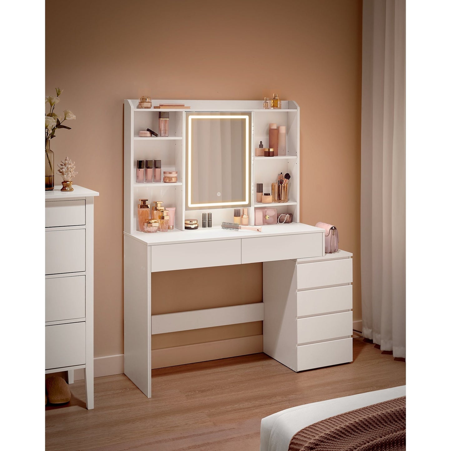 Kaptafel – Make-up Tafel – Cosmeticatafel – Opmaaktafel – Vanity – Met LED Verlichting – Verstelbare Schappen – 40x117,5x145 cm – Cloud White