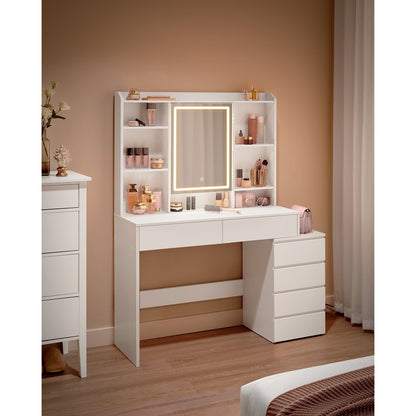 Kaptafel – Make-up Tafel – Cosmeticatafel – Opmaaktafel – Vanity – Met LED Verlichting – Verstelbare Schappen – 40x117,5x145 cm – Cloud White