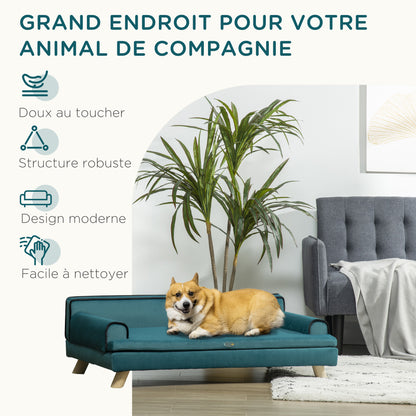 Dierenbank – Huisdieren Sofa – Kattenbank – Hondenbed – Dieren Sofa – Scandinavisch Design – Zacht Kussen – Afneembare Wasbare Hoes – Houten Frame – 100x62x32 cm – Eendblauw