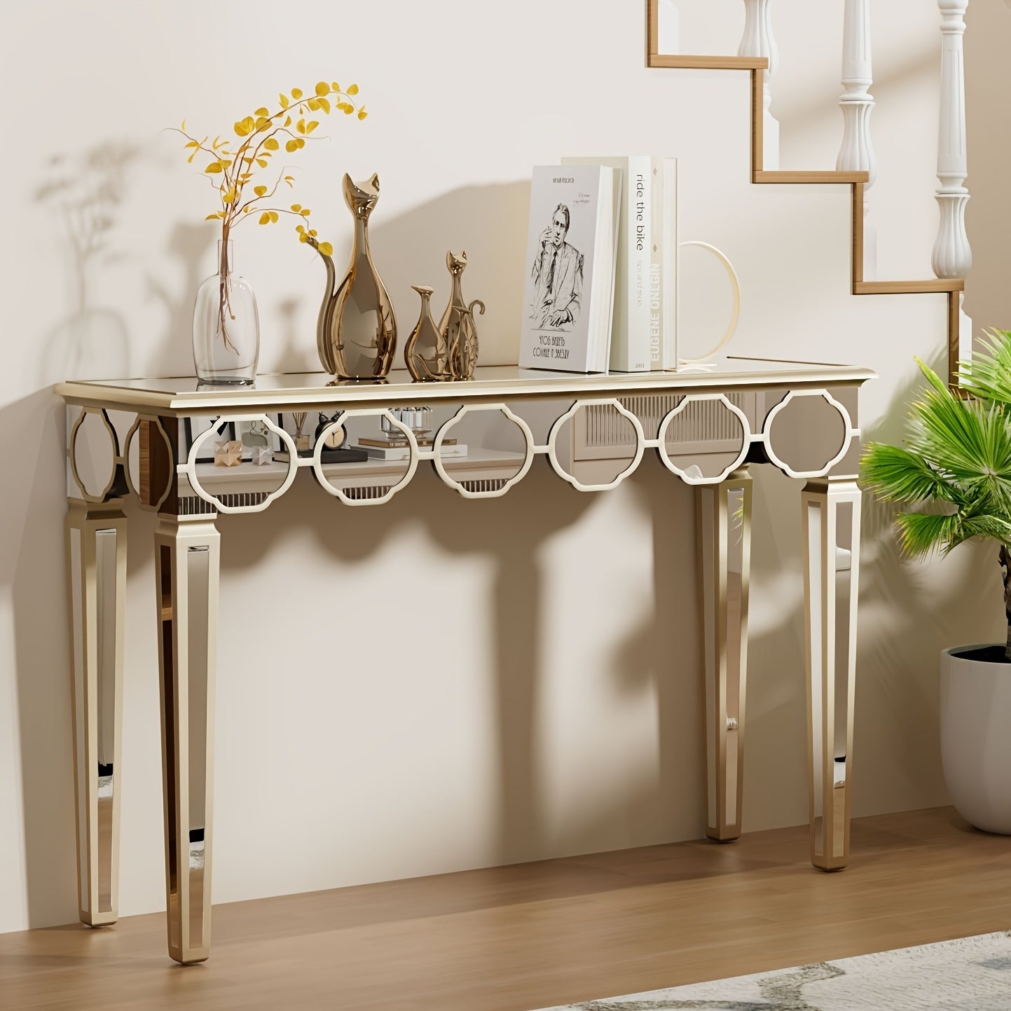 Spiegelconsole – Sidetable – Kaptafel – Haltafel – Make-uptafel – Luxe Design – Groot Formaat 120x35x76 cm – Lichtgouden Frame