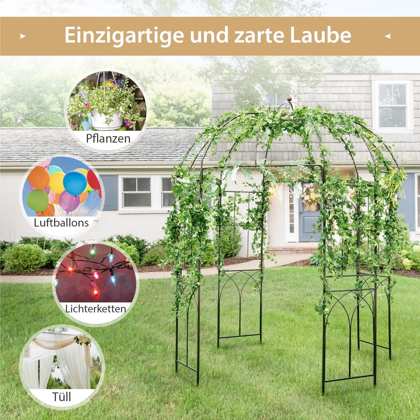 Metaal Boog – Tuinboog – Klimrek – Rozenboog – Tuintoren – Grote Oppervlakte 211x211x256 cm – Roestbestendig Bronzen Frame