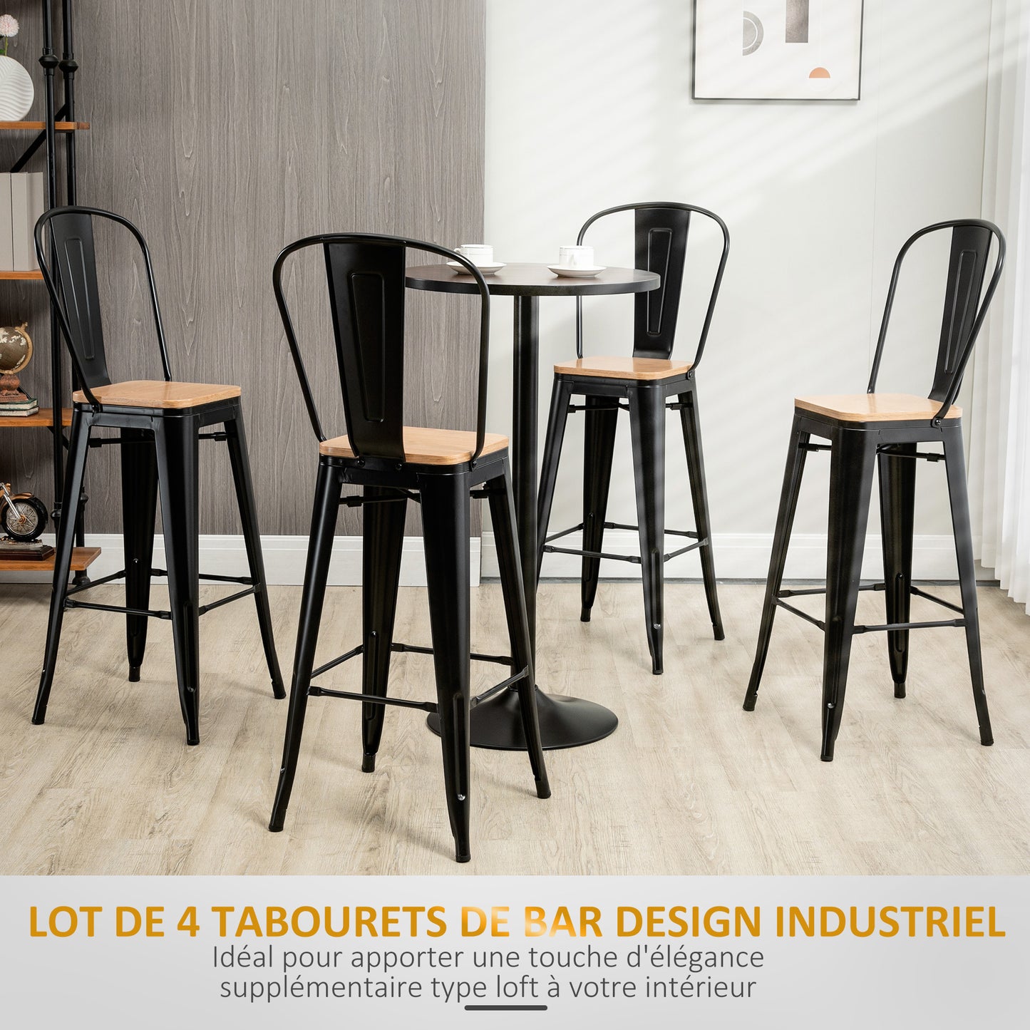 Barkrukken Set – Barstoelen – Krukken – Barstoelen Met Rugleuning – Industriële Barkrukken – Zithoogte 76 cm – Metalen Frame Zwart