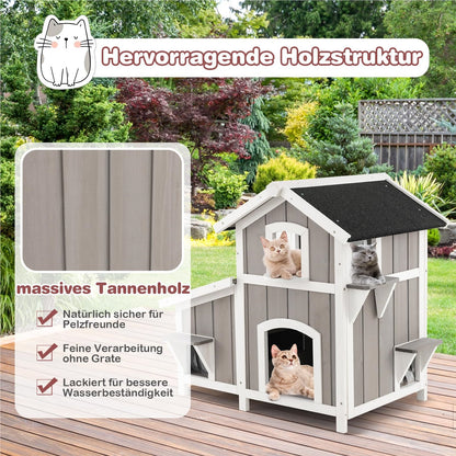 Kattenhuis – Kattenhut – Kattenvilla – Huisdierverblijf – Kattenhuisje – 2-Delig Met Asfalt Dak – Weerbestendig Hout 100x64x82,5 cm Grijs