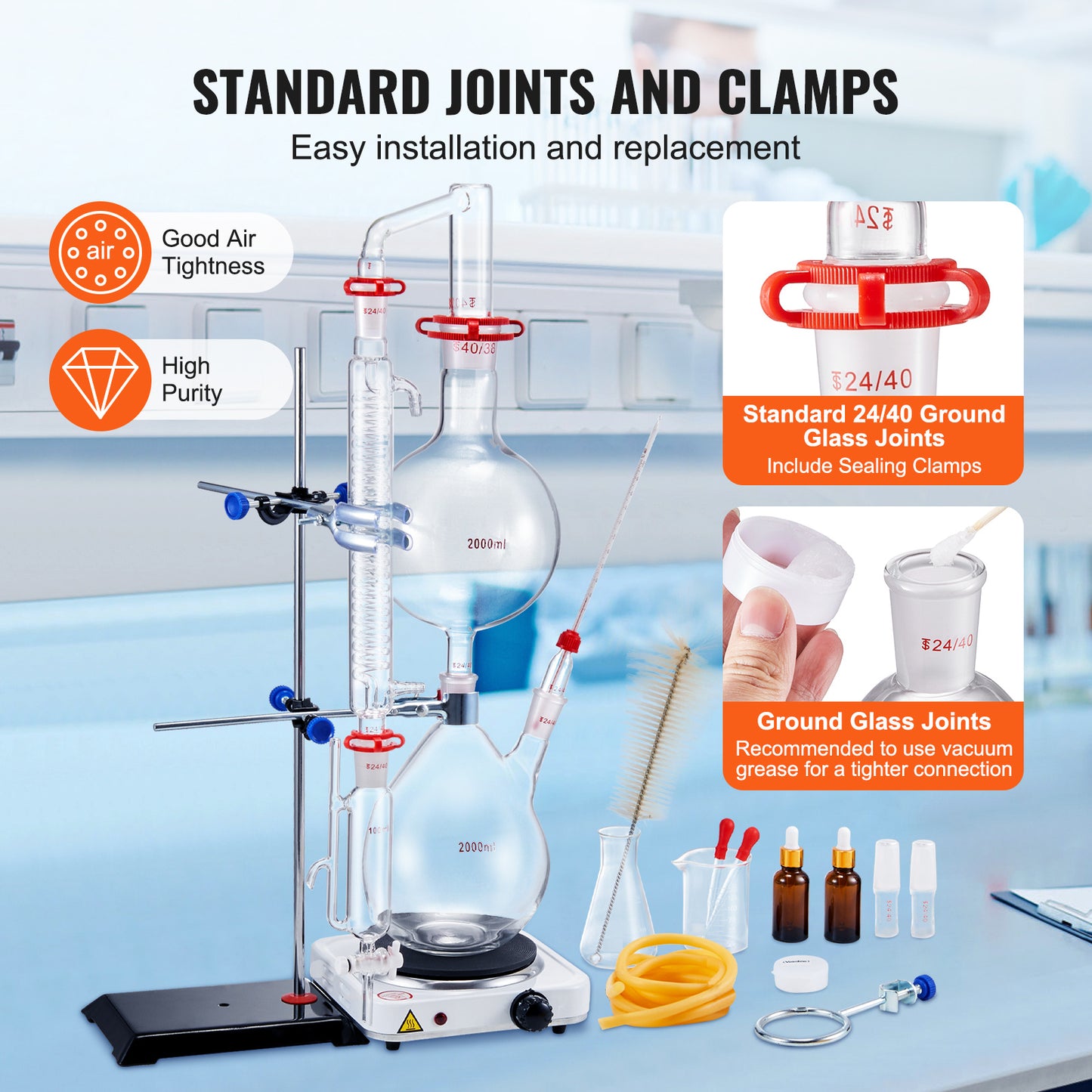 Essentiële Olie Distilleerketel – Destillatieset – Olie Extractieapparaat – Aroma Destillatie Kit – Borosilicaat Glas Set – 2000 ml Inhoud – 1000W Elektrische Verwarmingsplaat