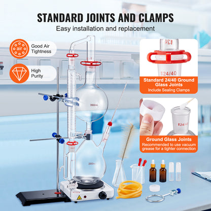 Essentiële Olie Distilleerketel – Destillatieset – Olie Extractieapparaat – Aroma Destillatie Kit – Borosilicaat Glas Set – 2000 ml Inhoud – 1000W Elektrische Verwarmingsplaat