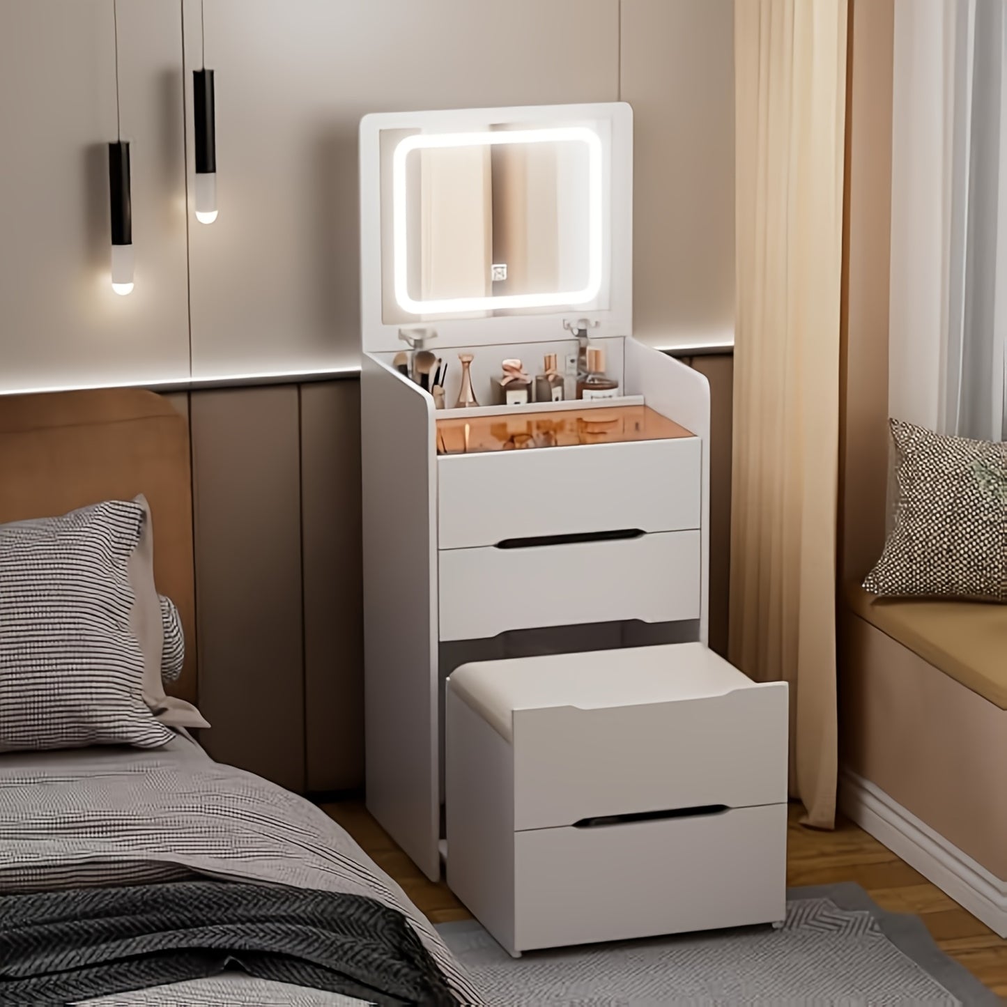 Kaptafel – Make-up Tafel – Dressoir – Slaapkamer Meubel – Toaletttafel – Compact 3-in-1 Design – Glazen Blad & Zachte Kruk