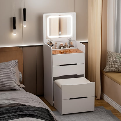 Kaptafel – Make-up Tafel – Dressoir – Slaapkamer Meubel – Toaletttafel – Compact 3-in-1 Design – Glazen Blad & Zachte Kruk