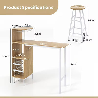 Barset – Bartafel – Barkrukken – Bistroset – Industrieel – 3-delig – MDF Met Metaal – Inclusief Wijnrek Voor 6 Flessen - Natuurlijk Hout