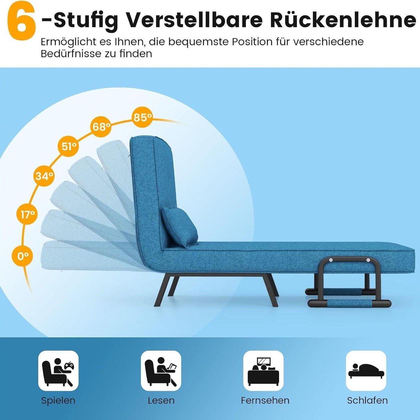 4-in-1 Slaapstoel – Slaapbank – Lounge Stoel – Vouwstoel – Relaxstoel – 5-Posities Verstelbare Rugleuning – Afneembare Kussen – Blauw