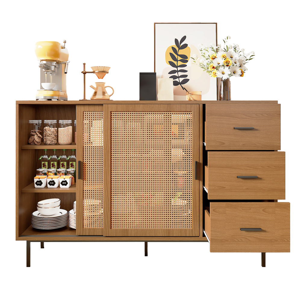 Modern Rustic Sliding Door Sideboard Cabinet with 2 Doors & 3 Adjustable Shelves - Large Storage Non-Wood Brown, Black Frame Buffet for, Dining Area - 140cm Wide Contemporary Furniture (Easy Assembly Required)
