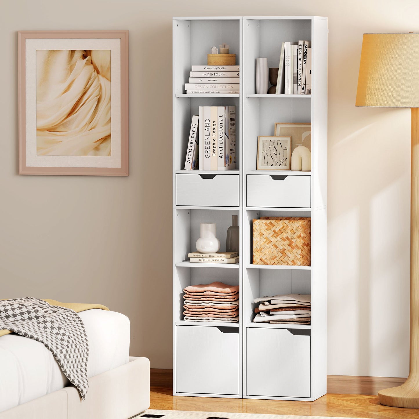 Boekenkast – Boekplank – Opbergkast – Vakkenkast – Rek – Wit – 6 Niveaus – 3-Traps Verstelbare Plank – Lade & Kastdeur