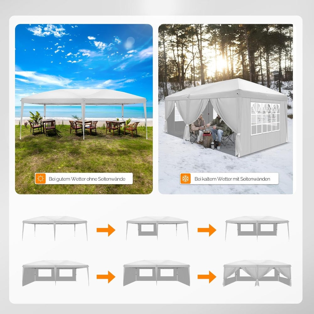 Vouwtent – Partytent – Opzettent – Klaptent – Paviljoen – Wit Met 4 Zijwanden – Weerbestendig 210D Oxford Stof – Ruim 3 x 6 Meter