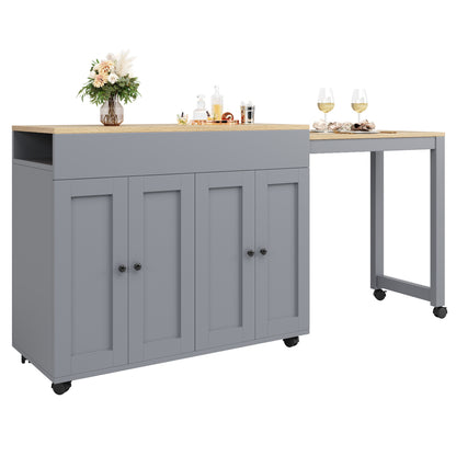 Bartafel – Barkruktafel – Barmeubel – Uitschuifbare Tafel – Roomdivider – Grijs – Uitschuifbaar Met 6 Planken – Bamboe Met Wieltjes