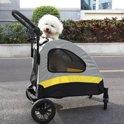 Pet Travel Stroller: Dog Stroller Pet Jogger Wagon Travel One-key Folding with 4 Heavy Wheels, Adjustable Handle for Small Dogs and Cats, Rear Brake, Security Leash