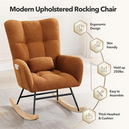 Schommelstoel Babykamer – Glider Stoel – Wiegstoel – Ruststoel – Rocker Chair – Met Zwaar Metalen Frame – Verstevigd Teddy Bruin Bekleed – 110° Schommelhoek – Hoge Rugleuning Met Armleuningen