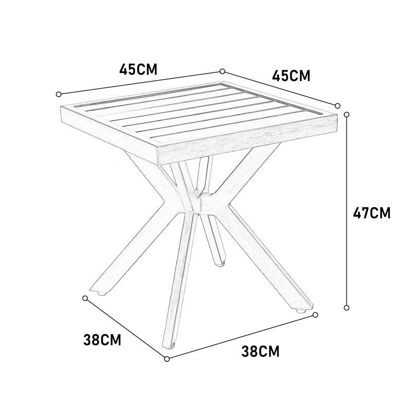 Bijzettafel – Bijzettafeltje – Banktafel – Nachtkastje – Tafeltje – Aluminium – Weerbestendig – Donkerbruin – Verstelbare Hoogte – Compact 45x45x47 cm