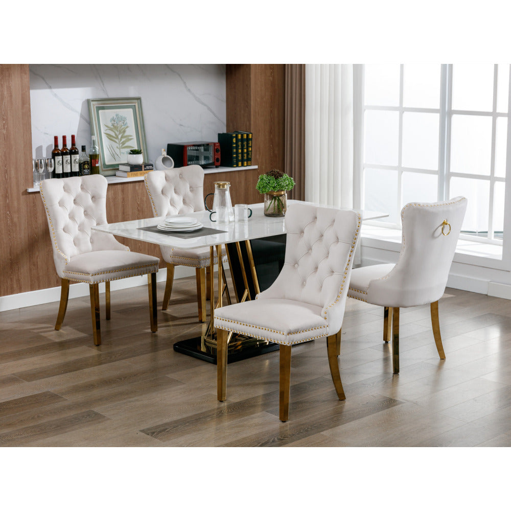 Eetkamerstoel – Stoel – Kuipstoel – Keukenstoel – Bistrostoel – Beige Bekleding – Massief Houten Frame – Luxe Design Met Gouden RVS Poten – Zacht Gewatteerd Zitvlak – Set Van 2