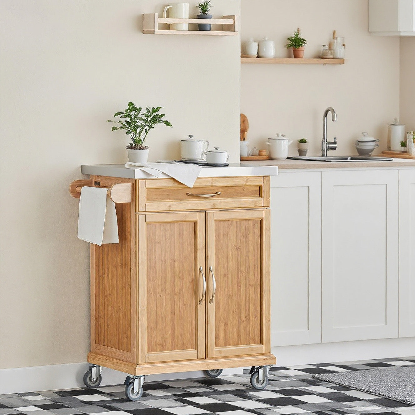 Keukentrolley – Keukenwagen – Serveerwagen – Keukenrek – Keukenkast – Bamboe Met RVS Werkblad – Mobiel Met Remmen – 66x92x46 cm