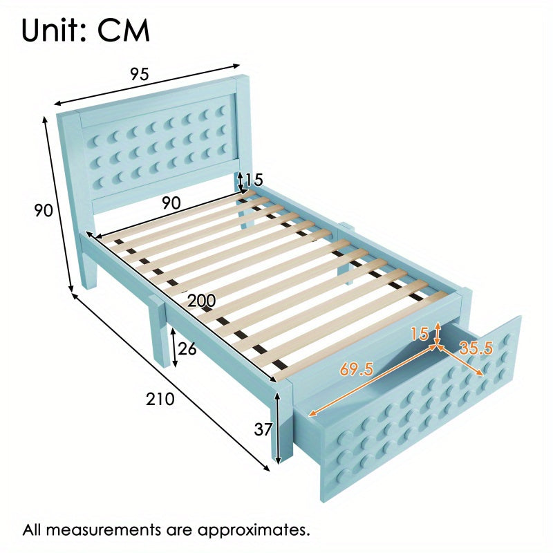 Bedframe – Eenpersoonsbed – Jeugdbed – Slaapbank – Kinderbed – Houten Frame – 90x200 cm – Met Opberglades – Massief MDF Hout
