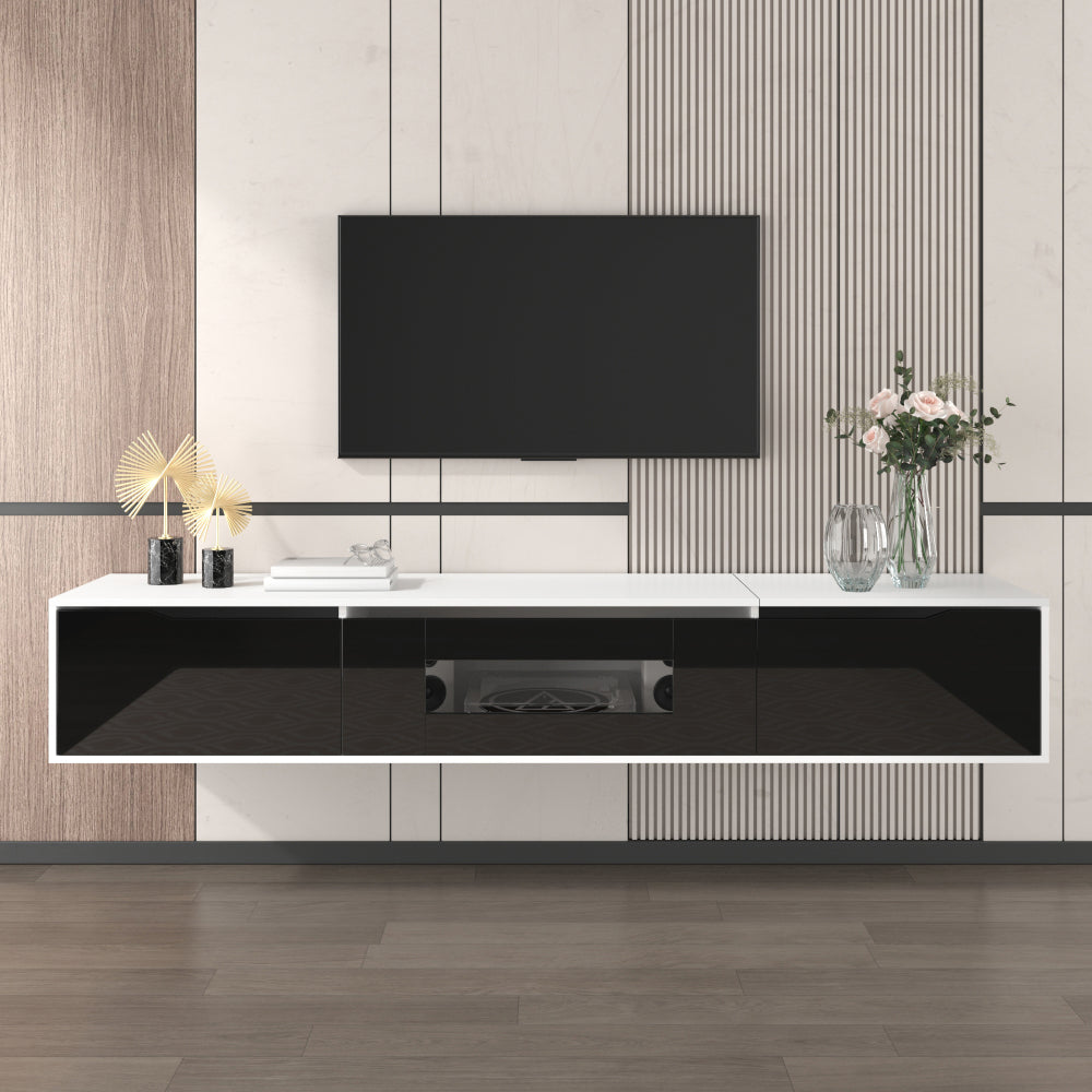 Modern Metal TV Stand with High-Gloss Finish - Wall-Mounted or Freestanding Media Console, Space-Saving Design in Black & White, Easy Installation with Hardware Included, Minimalist Entertainment Center for Living Room, Home