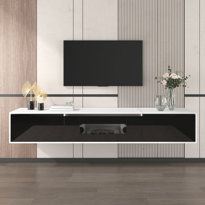Modern Metal TV Stand with High-Gloss Finish - Wall-Mounted or Freestanding Media Console, Space-Saving Design in Black & White, Easy Installation with Hardware Included, Minimalist Entertainment Center for Living Room, Home