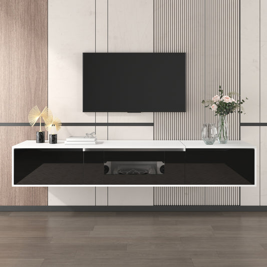 Modern Metal TV Stand with High-Gloss Finish - Wall-Mounted or Freestanding Media Console, Space-Saving Design in Black & White, Easy Installation with Hardware Included, Minimalist Entertainment Center for Living Room, Home