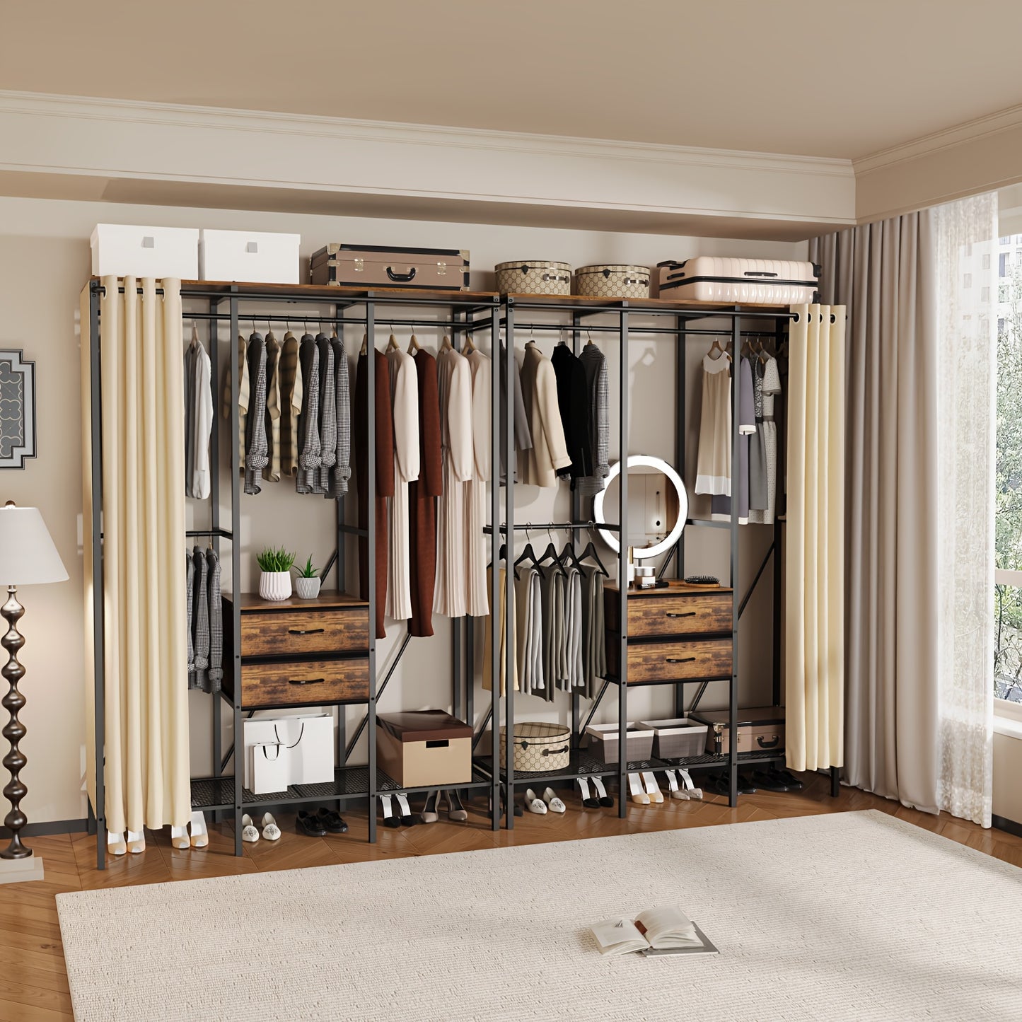 AESOME Heavy-Duty Luxury Wardrobe with Beige Dust-Proof Curtain & 3-in-1 Storage, Metal Frame, Anti-Fall Devices & 9-Compartment Drawers for Bedroom, Shop, Laundry Room